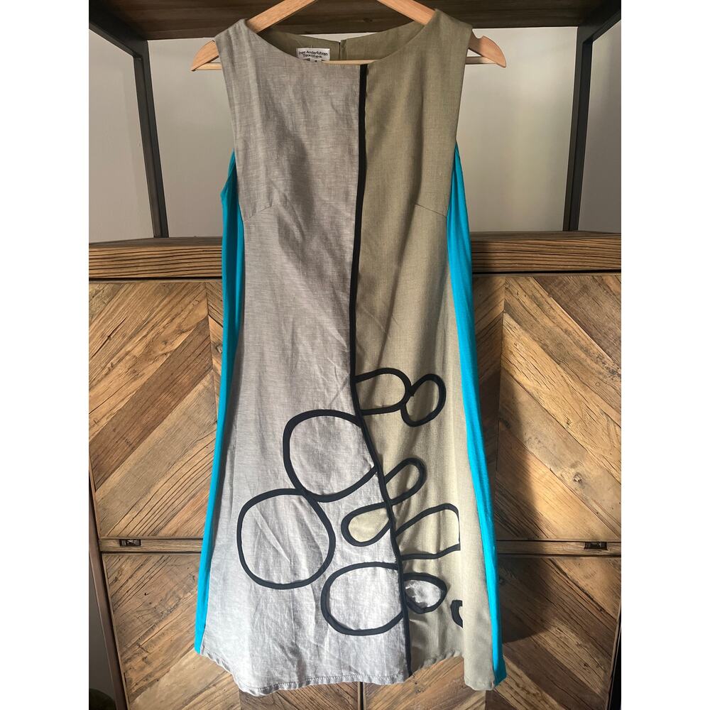 Mixed Material Linen‎ and Cotton Sleeveless Dress Flax and Turqoise Small/Medium